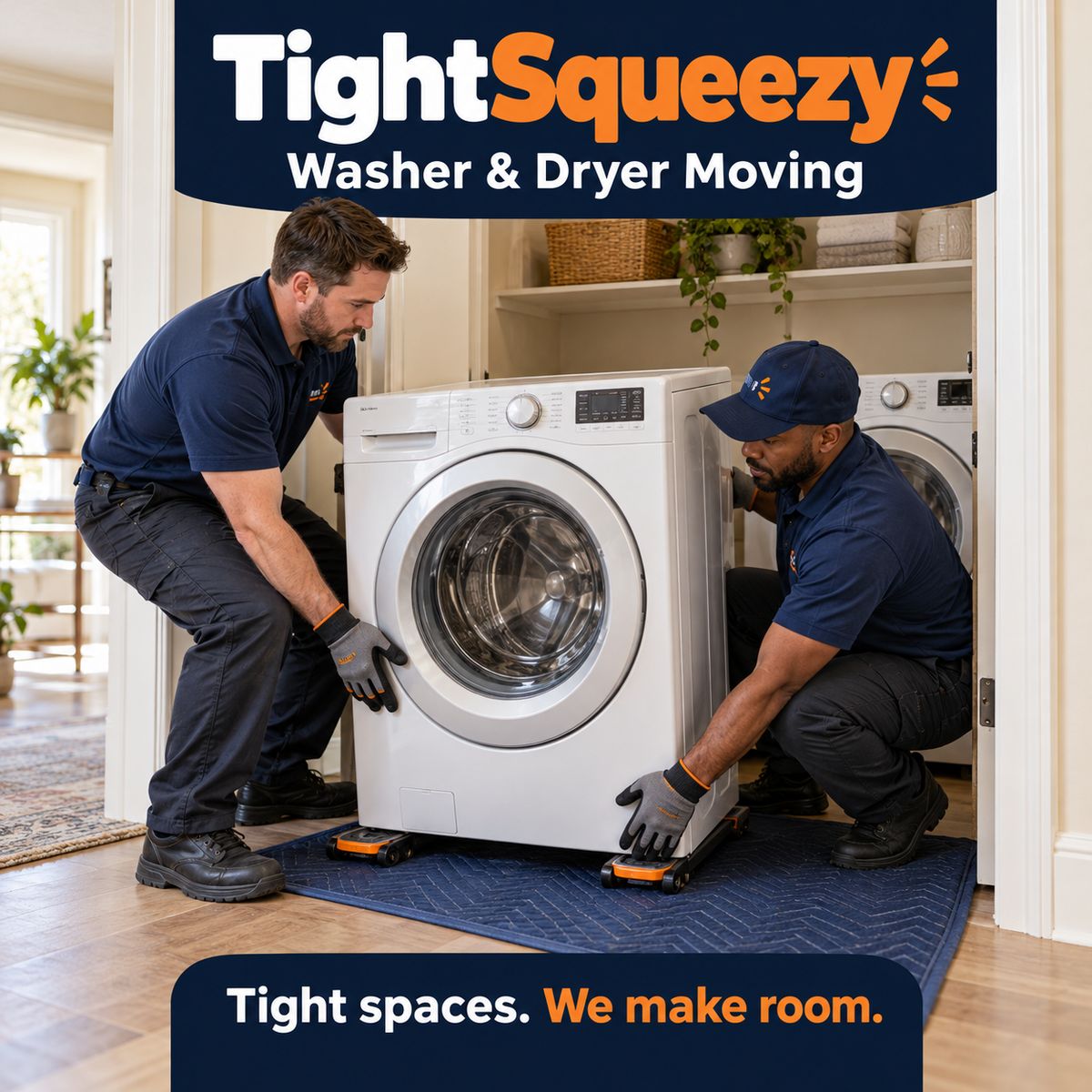 Tight Squeezy washer and dryer moving: a front-load washer rolled out of a laundry closet on appliance dollies over a floor runner. Tight spaces. We make room.